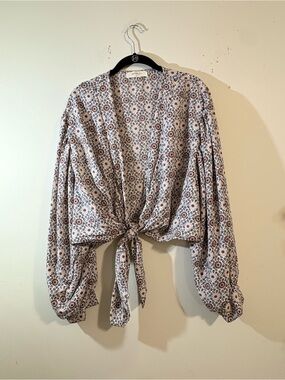 A Beautiful Soul Floral Print blouse shawl front tie Pink Navy lightweight SZ 1X